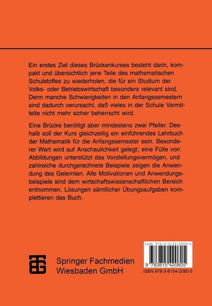Produktbild: Br&uuml;ckenkurs Mathematik f&uuml;r Wirtschaftswissenschaftler