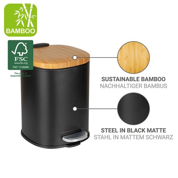 Produktbild: Kosmetikeimer Mod. Fianema, schwarz, 3L, Metall/Bambus, Easy-Close, mit herausnehmbarem