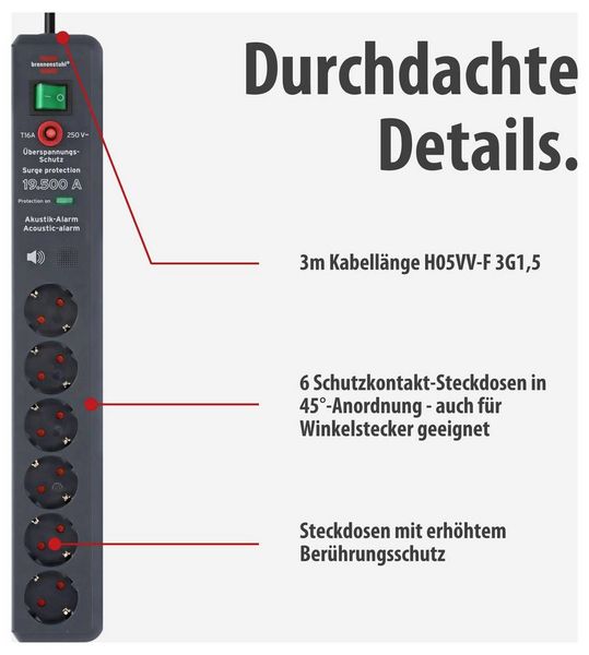 Produktbild: Brennenstuhl 1159540376 &Uuml;berspannungsschutz-Steckdosenleiste 6fach Anthrazit Schutzkontakt 1 St.