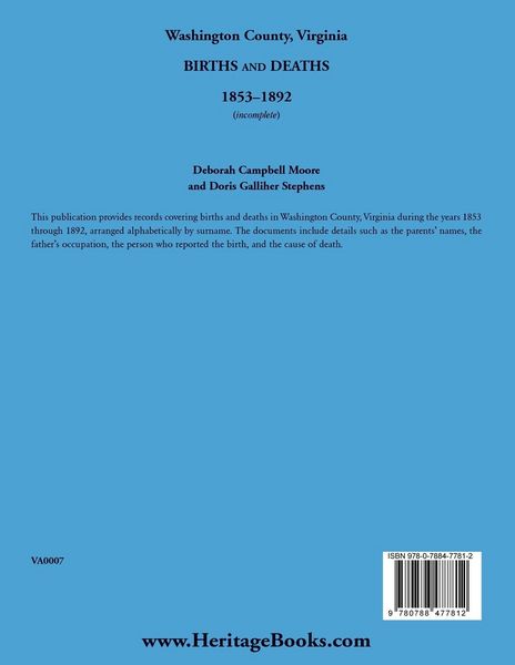Produktbild: Washington County, Virginia Births and Deaths, 1853-1892 (incomplete)