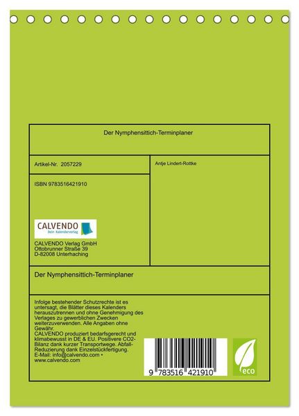 Produktbild: Der Nymphensittich-Terminplaner (Tischkalender 2026 DIN A5 hoch), CALVENDO Monatskalender