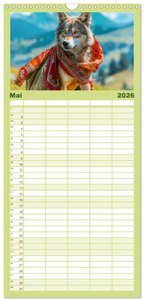 Produktbild: Familienplaner 2026 - Wilder Style. Modische W&ouml;lfe in der Natur mit 5 Spalten (Wandkalender, 21 x 45 cm) CALVENDO