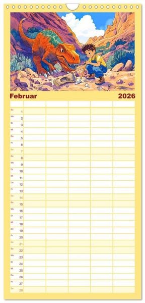 Produktbild: Familienplaner 2026 - Abenteuer mit Dinosauriern - Tolle Dino-Freunde f&uuml;r das Jahr mit 5 Spalten (Wandkalender, 21 x 45 cm) CALVENDO