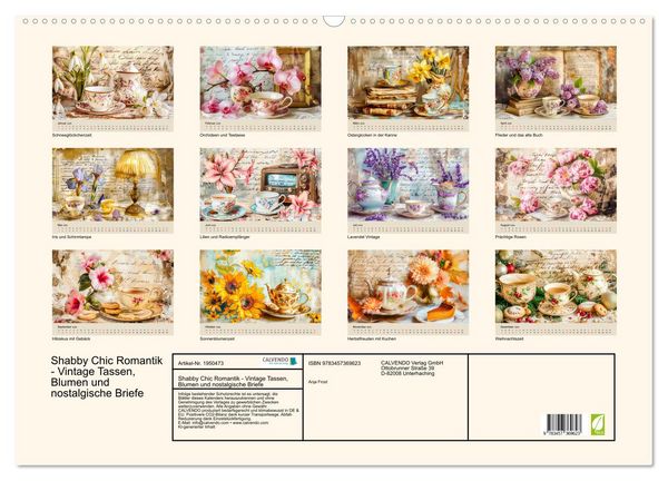 Produktbild: Shabby Chic Romantik - Vintage Tassen, Blumen und nostalgische Briefe (Wandkalender 2026 DIN A2 quer), CALVENDO Monatskalender