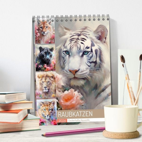 Produktbild: Raubkatzen. Zauberhafte Aquarelle (Tischkalender 2026 DIN A5 hoch), CALVENDO Monatskalender