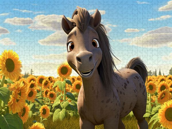 Produktbild: CALVENDO Puzzle Pony Lorenzo liebt Sonnenblumen | 1000 Teile Lege-Gr&ouml;&szlig;e 64x48cm Foto-Puzzle f&uuml;r gl&uuml;ckliche Stunden