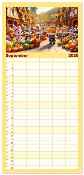 Produktbild: Familienplaner 2026 - Ritterliche Tierfreunde: Ein Jahr voller Spannung und Humor mit 5 Spalten (Wandkalender, 21 x 45 cm) CALVENDO