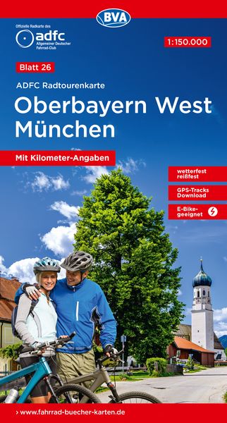 Produktbild: ADFC-Radtourenkarte 26 Oberbayern West München 1:150.000, reiß- und wetterfest, E-Bike geeignet, GPS-Tracks Download, mit Kilometer-Angaben