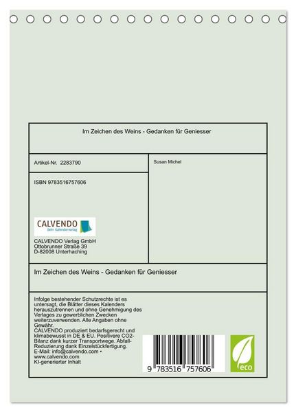 Produktbild: Im Zeichen des Weins - Gedanken f&uuml;r Geniesser (Tischkalender 2027 DIN A5 hoch), CALVENDO Monatskalender