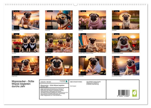 Produktbild: Mopszauber - S&uuml;&szlig;e M&ouml;pse begleiten durchs Jahr (hochwertiger Premium Wandkalender 2026 DIN A2 quer), Kunstdruck in Hochglanz