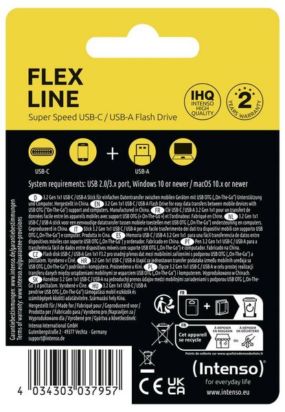 Produktbild: Intenso Flex Line USB-Stick Retail 64 GB Schwarz 3544490 USB-A (USB 3.2 Gen 1), USB-C&reg; (USB 3.2 Gen 1)