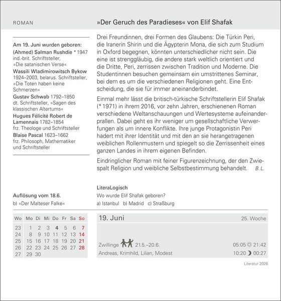 Produktbild: Literatur Tagesabrei&szlig;kalender 2026 - Kulturkalender - Autoren, Werke, H&ouml;rb&uuml;cher