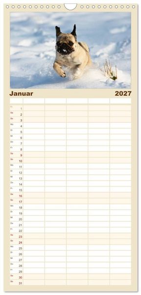 Produktbild: Familienplaner 2027 - Mops mit 5 Spalten (Wandkalender, 21 x 45 cm) CALVENDO