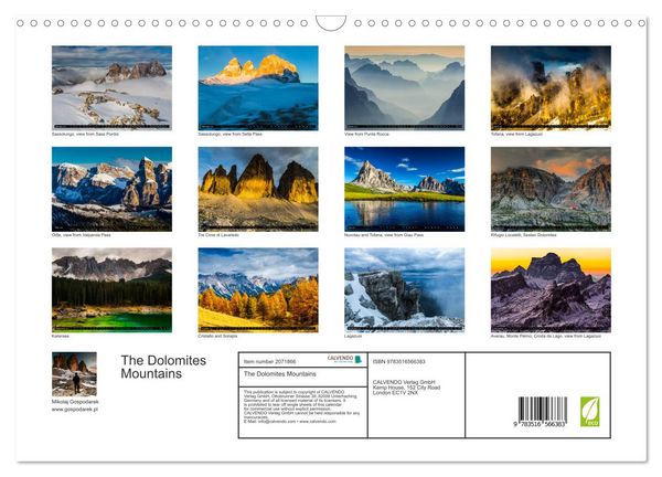 Produktbild: The Dolomites Mountains (Wall Calendar 2026 DIN A3 landscape), CALVENDO 12 Month Wall Calendar
