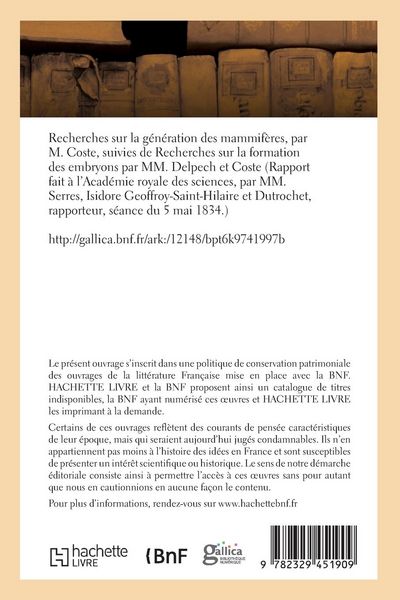 Produktbild: Recherches sur la g&eacute;n&eacute;ration des mammif&egrave;res, Recherches sur la formation des embryons