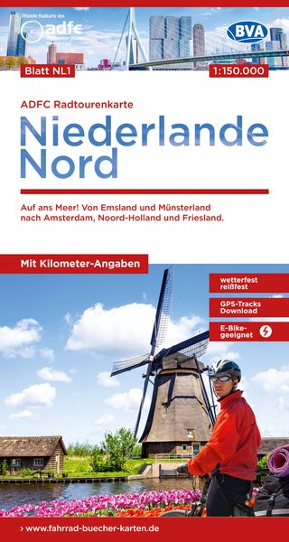 ADFC-Radtourenkarte NL 1 Niederlande Nord 1:150.000, reiß- und wetterfest, E-Bik