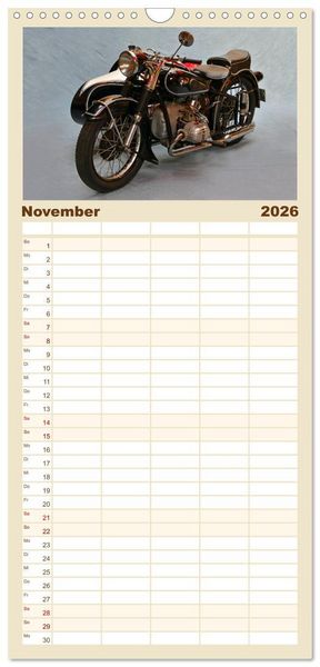 Produktbild: Familienplaner 2026 - Deutsche Motorrad - Legenden - Rollende Kunstwerke aus alten Zeiten mit 5 Spalten (Wandkalender, 21 x 45 cm) CALVENDO