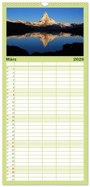 Produktbild: Familienplaner 2026 - Zauber der Berge. Die Schweizer Alpen mit 5 Spalten (Wandkalender, 21 x 45 cm) CALVENDO