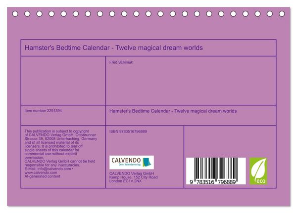 Produktbild: Hamster's Bedtime Calendar - Twelve magical dream worlds (Desk Calendar 2027 DIN A5 landscape), CALVENDO 12 Month DeskCalendar