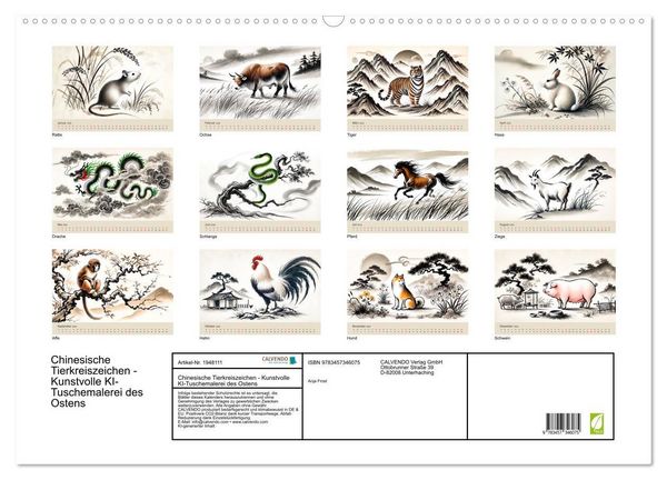 Produktbild: Chinesische Tierkreiszeichen - Kunstvolle KI-Tuschemalerei des Ostens (Wandkalender 2026 DIN A2 quer), CALVENDO Monatskalender