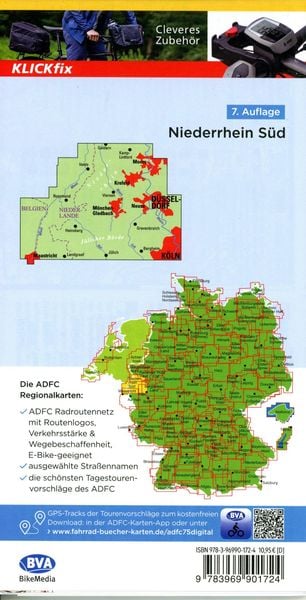 Produktbild: ADFC-Regionalkarte Niederrhein S&uuml;d 1:75.000, mit Tagestourenvorschl&auml;gen, rei&szlig;- und wetterfest, E-Bike-geeignet, mit Knotenpunkten, GPS-Tracks-Download