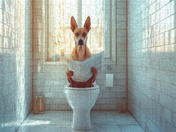 Produktbild: CALVENDO Puzzle Kackender Hund mit Zeitung - Morgenroutine mit Stil | 1000 Teile Lege-Gr&ouml;&szlig;e 64x48cm Foto-Puzzle f&uuml;r gl&uuml;ckliche Stunden