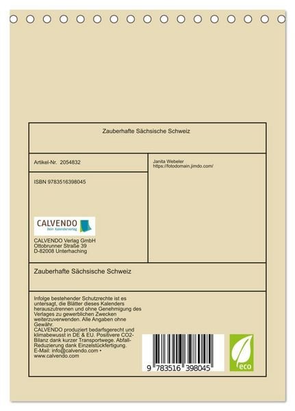 Produktbild: Zauberhafte S&auml;chsische Schweiz (Tischkalender 2026 DIN A5 hoch), CALVENDO Monatskalender