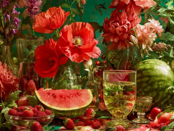 Produktbild: CALVENDO Puzzle Stillleben mit Mohnblumen, Erdbeeren und Wassermelone | 1000 Teile Lege-Gr&ouml;&szlig;e 64x48cm Foto-Puzzle f&uuml;r gl&uuml;ckliche Stunden
