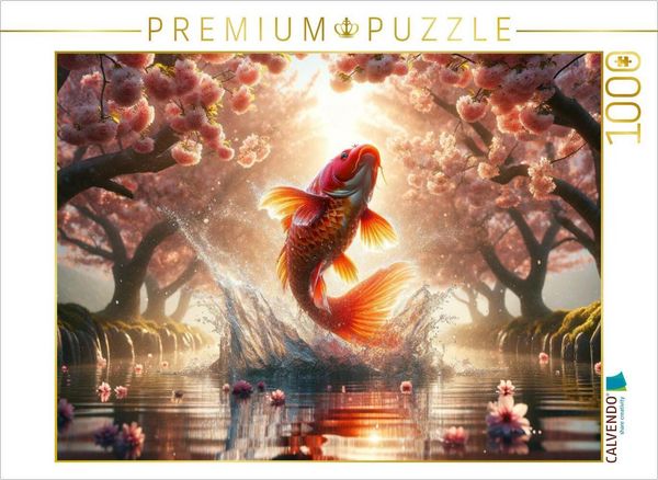 CALVENDO Puzzle Aufstieg des Koi - Ein Sprung durch die Frühlingsdämmerung | 1000 Teile Lege-Größe 64x48cm Foto-Puzzle für glückliche Stunden