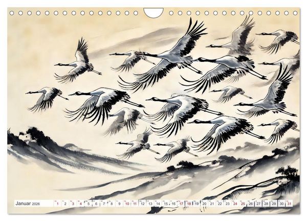 Produktbild: Eleganz der Kraniche - Majest&auml;tische V&ouml;gel in poetischer Tusche (Wandkalender 2026 DIN A4 quer), CALVENDO Monatskalender