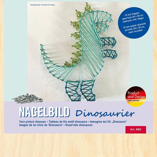 Produktbild: PEBARO NB3 - Nagelbild Dinosaurier, Fadenbild 20x20cm, String Art Bastelset inkl. N&auml;gel