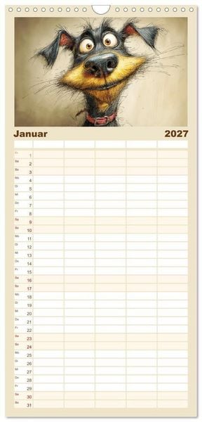 Produktbild: Familienplaner 2027 - Karikatur trifft Hund. Ein Blick auf charmante Vierbeiner mit 5 Spalten (Wandkalender, 21 x 45 cm) CALVENDO