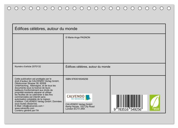 Produktbild: &Eacute;difices c&eacute;l&egrave;bres, autour du monde (Calendrier de bureau 2026 DIN A5 vertical), CALVENDO calendrier mensuel