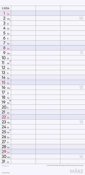 Planer für zwei 2026 mit 3 Spalten - Familien-Timer 22x45 cm - Offset-Papier - mit Ferienterminen - Wand-Planer - Familienkalender - Alpha Edition