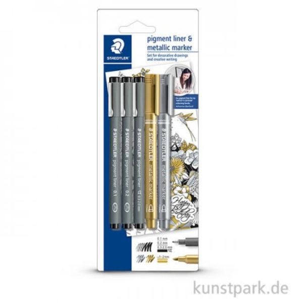 STAEDTLER Fineliner pigment liner 308 + 2 metallic pen, 5er Set