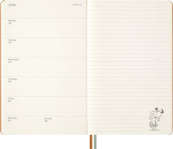 Produktbild: Moleskine 12 Monate Peanuts Snoopy Tomorrow Wochen Notizkalender 2026, L/A5, 1 Wo = 1 Seite, fester Einband, Kadmiumorange