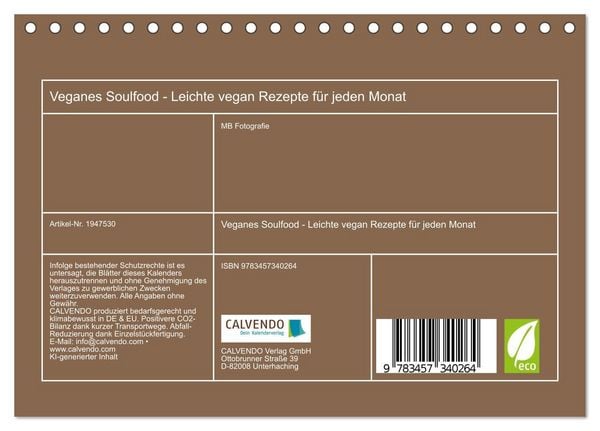 Produktbild: Veganes Soulfood - Leichte vegan Rezepte f&uuml;r jeden Monat (Tischkalender 2026 DIN A5 quer), CALVENDO Monatskalender