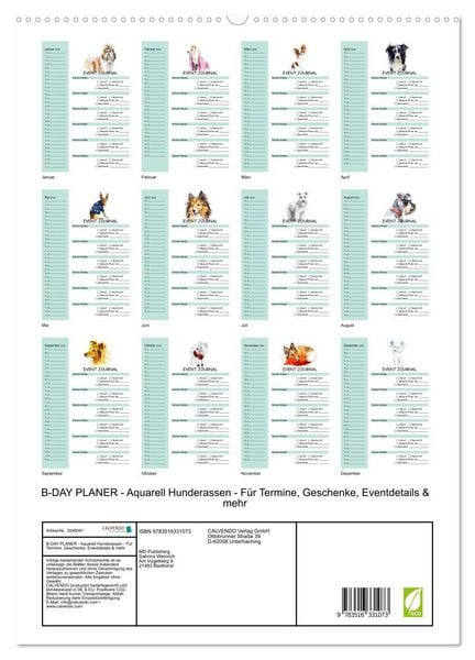 Produktbild: B-DAY PLANER - Aquarell Hunderassen - F&uuml;r Termine, Geschenke, Eventdetails & mehr (hochwertiger Premium Wandkalender 2026 DIN A2 hoch), Kunstdruck in Hochglanz