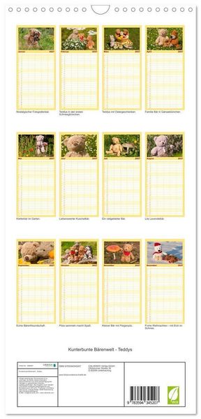 Produktbild: Familienplaner 2027 - Kunterbunte B&auml;renwelt - Teddys mit 5 Spalten (Wandkalender, 21 x 45 cm) CALVENDO