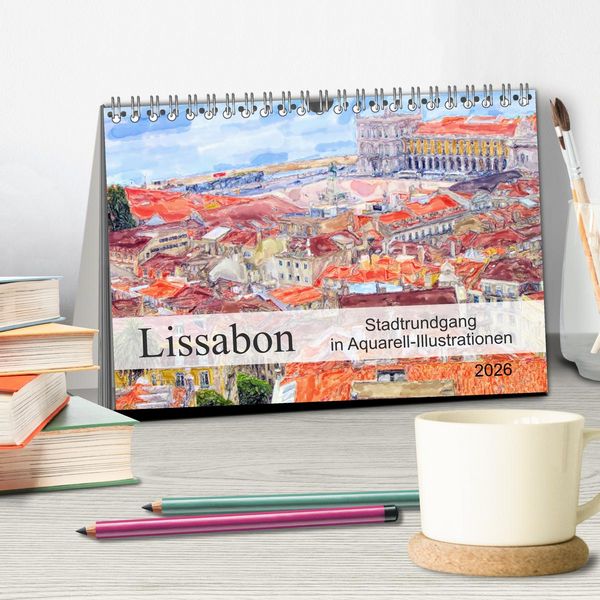 Produktbild: Lissabon - Stadtrundgang in Aquarell-Illustrationen (Tischkalender 2026 DIN A5 quer), CALVENDO Monatskalender
