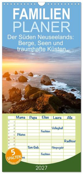 Produktbild: Familienplaner 2027 - Der S&uuml;den Neuseelands: Berge, Seen und traumhafte K&uuml;sten mit 5 Spalten (Wandkalender, 21 x 45 cm) CALVENDO