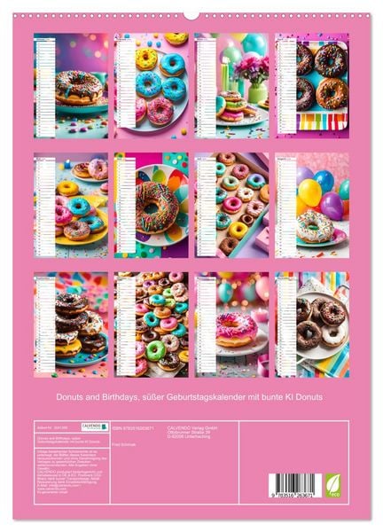 Produktbild: Donuts and Birthdays, s&uuml;&szlig;er Geburtstagskalender mit bunte KI Donuts (hochwertiger Premium Wandkalender 2026 DIN A2 hoch), Kunstdruck in Hochglanz