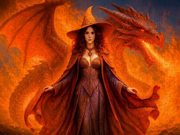 Produktbild: CALVENDO Puzzle Feuerhexe mit Drache | 1000 Teile Lege-Gr&ouml;&szlig;e 64x48cm Foto-Puzzle f&uuml;r gl&uuml;ckliche Stunden
