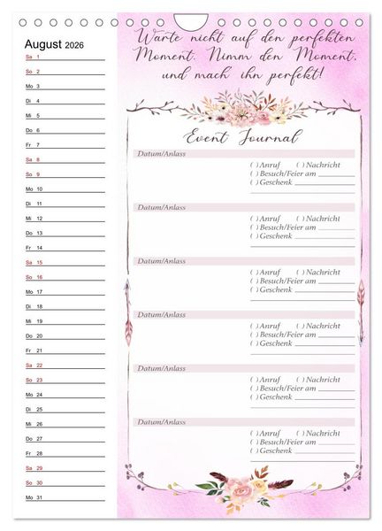 Produktbild: Geburtstagsplaner Boho Rosa - F&uuml;r Termine, Geschenke, Eventdetails & mehr (Wandkalender 2026 DIN A4 hoch), CALVENDO Monatskalender