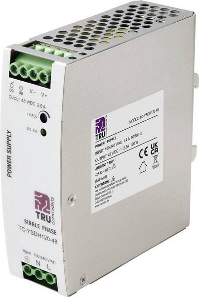 Produktbild: TRU COMPONENTS TC-13864568 Hutschienen-Netzteil (DIN-Rail) 48 V/DC 2.5 A 120 W Anzahl Ausg&auml;nge:1 x Inhalt 1 St.