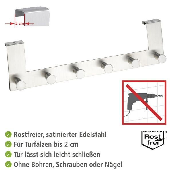 Produktbild: T&uuml;rgarderobe Edelstahl Mod. Celano, 6 Haken, f&uuml;r T&uuml;rfalzst&auml;rken bis 2 cm