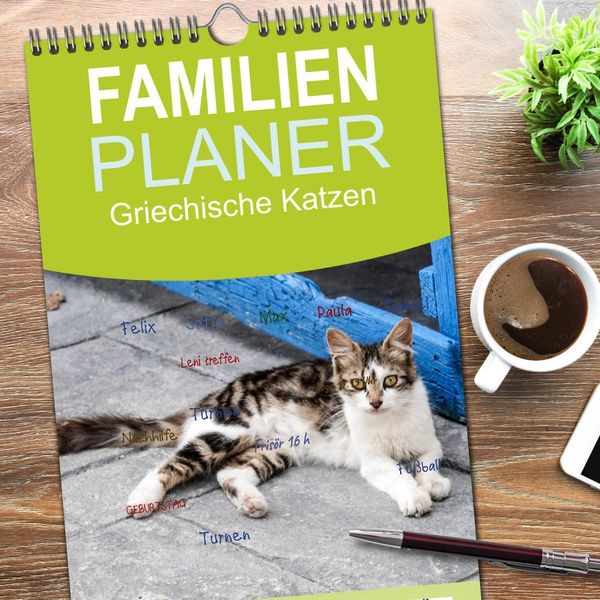 Produktbild: Familienplaner 2026 - Griechische Katzen mit 5 Spalten (Wandkalender, 21 x 45 cm) CALVENDO