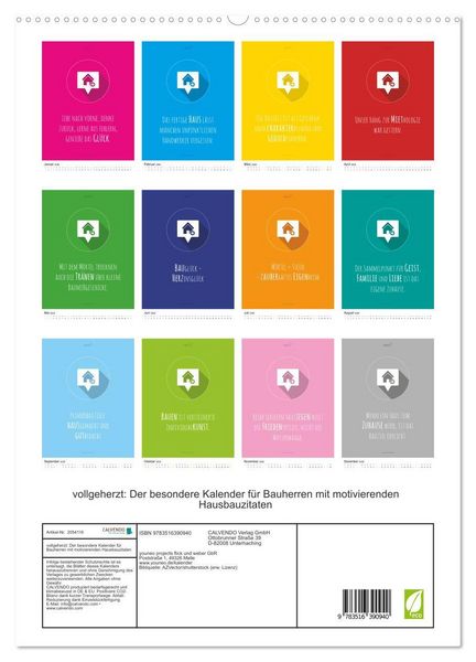 Produktbild: vollgeherzt: Der besondere Kalender f&uuml;r Bauherren mit motivierenden Hausbauzitaten (hochwertiger Premium Wandkalender 2026 DIN A2 hoch), Kunstdruck in Hochglanz