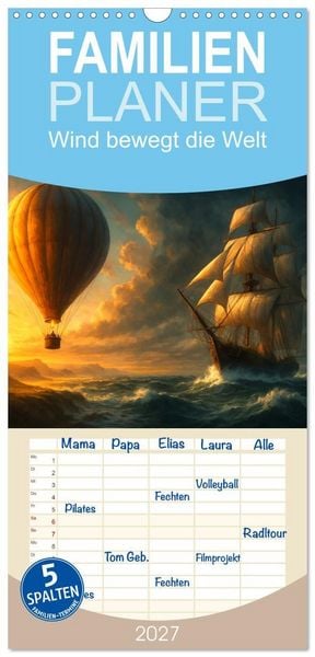 Produktbild: Familienplaner 2027 - Wind bewegt die Welt mit 5 Spalten (Wandkalender, 21 x 45 cm) CALVENDO