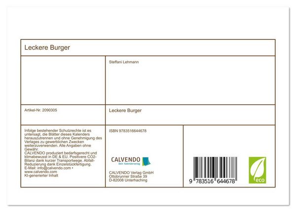 Produktbild: Leckere Burger (Tischkalender 2026 DIN A5 quer), CALVENDO Monatskalender